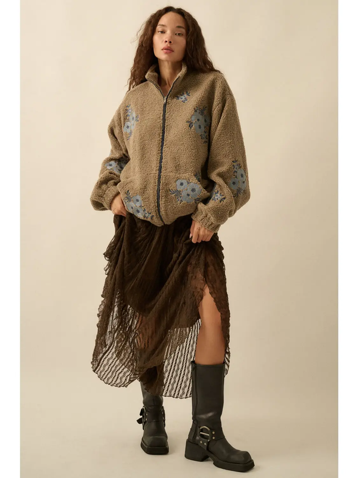 Floral-Embroidered Sherpa Fleece Zip-Up Jacket