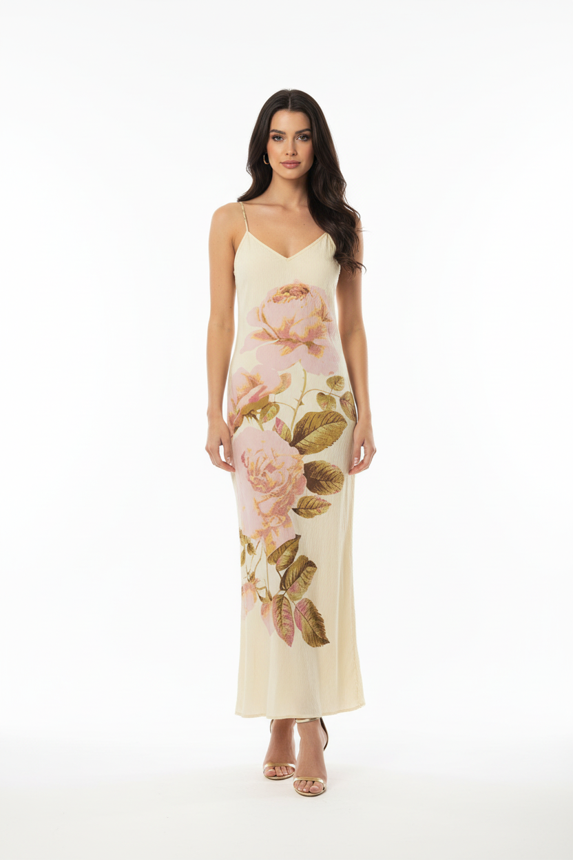 Pale Yellow Floral Maxi Dress - Dark Haired Model