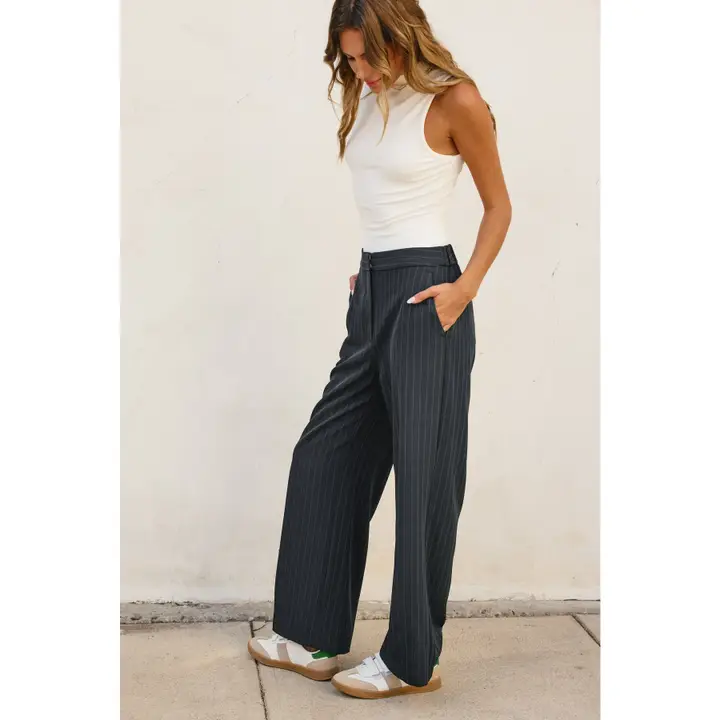 Strictly Business Pinstriped Wide Leg Trousers