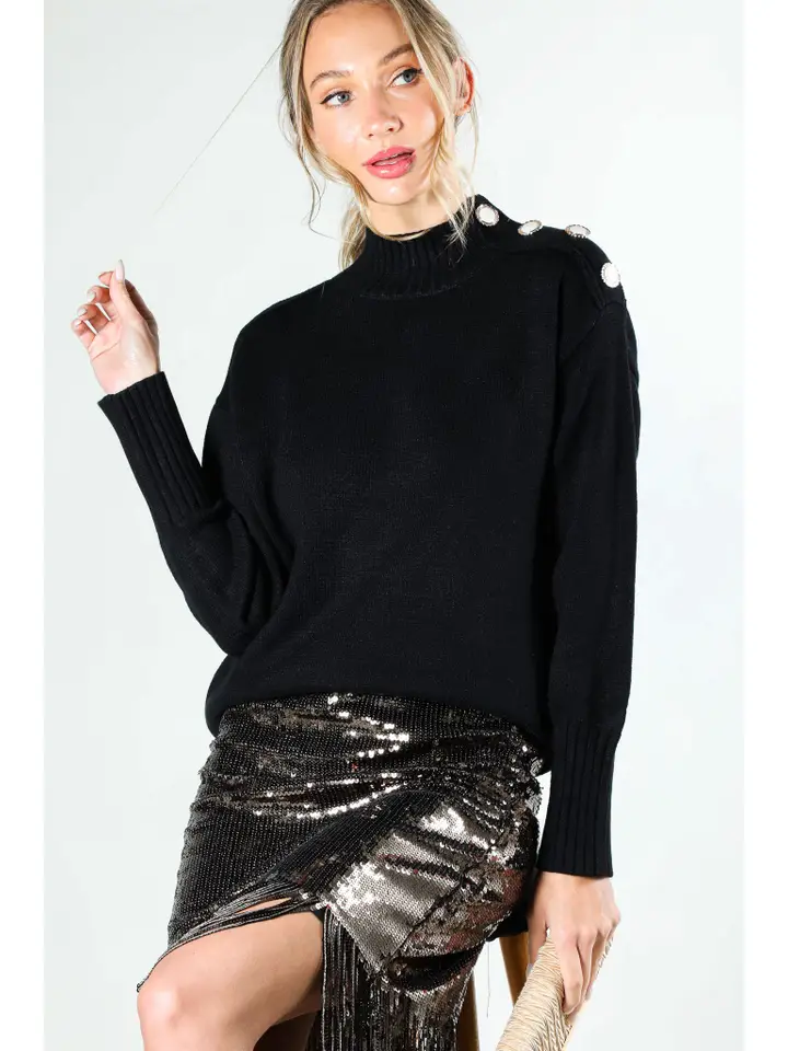 Mock Neck Button Detail Knitted Sweater