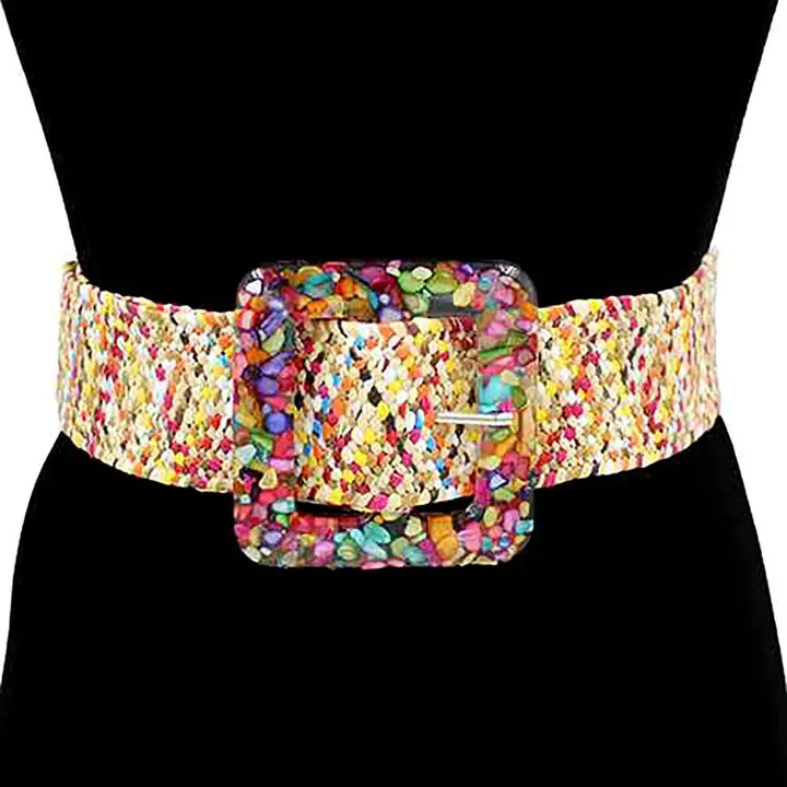Resin Square Buckle Accent Raffia Adjustable Belt