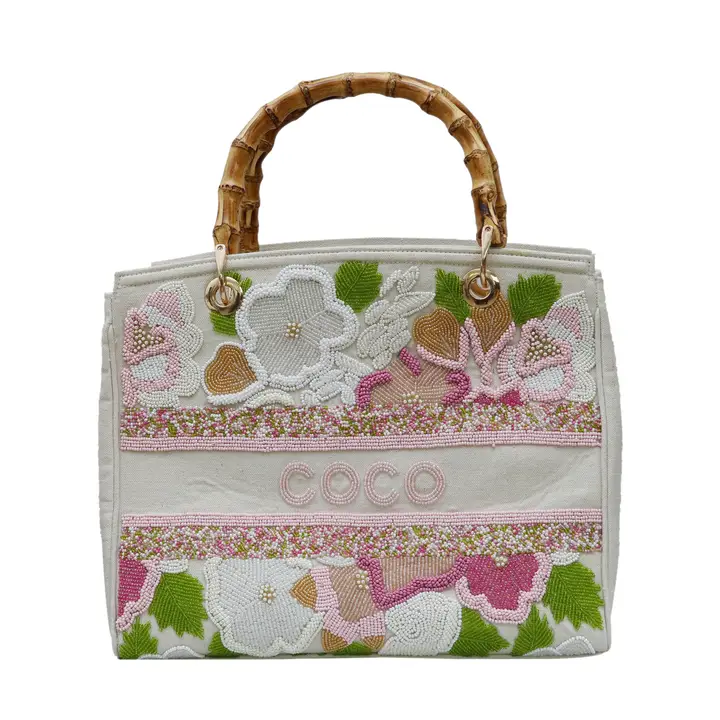 Handmade Beaded Tote with Raised Flower Detail(not embroidered)