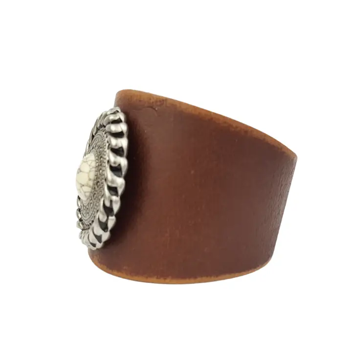 Genuine Distressed Leather Cuff with Round Concho