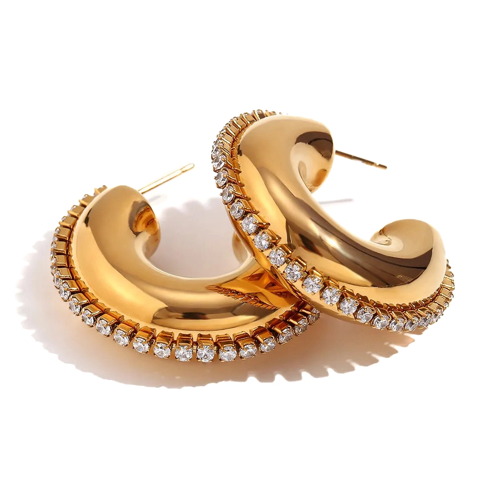 Gold Cz Rhinestone Hoop Earrings