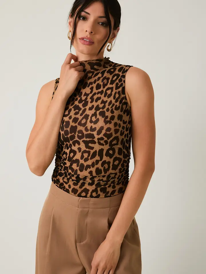 Mock Neck Animal Print Mesh Top