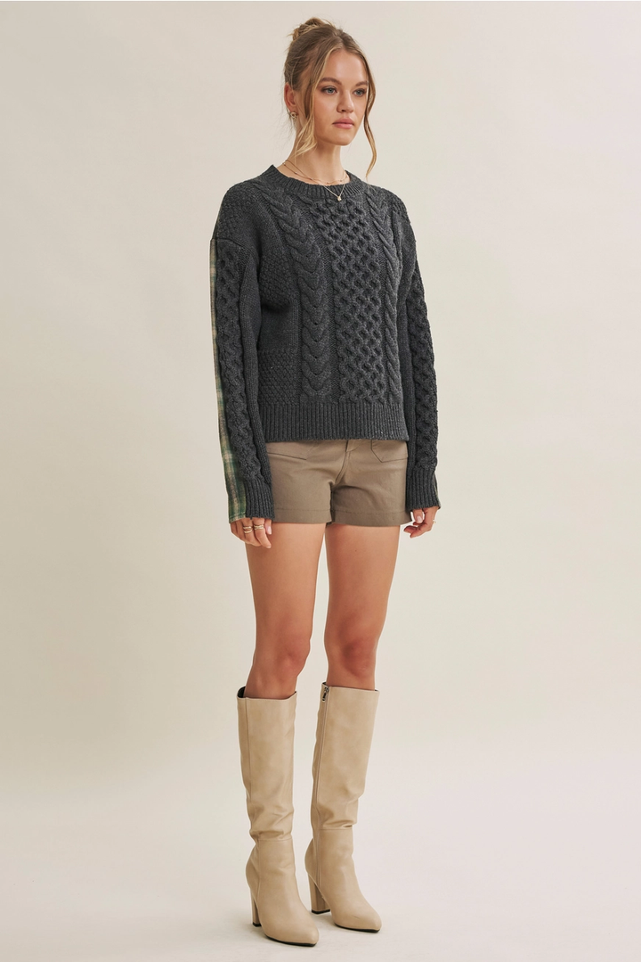 Woodland Plaid Back Mixed Media Cable Knit Sweater Top