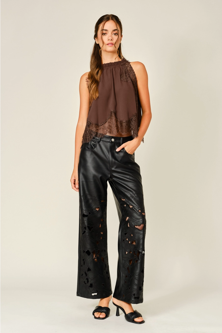 Vegan Leather Floral Cutout Wide Pants