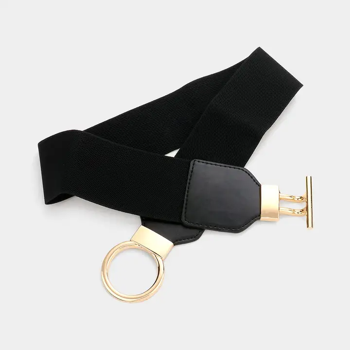 Metal Buckle Detailed Faux Leather Stretch Elastic Belt