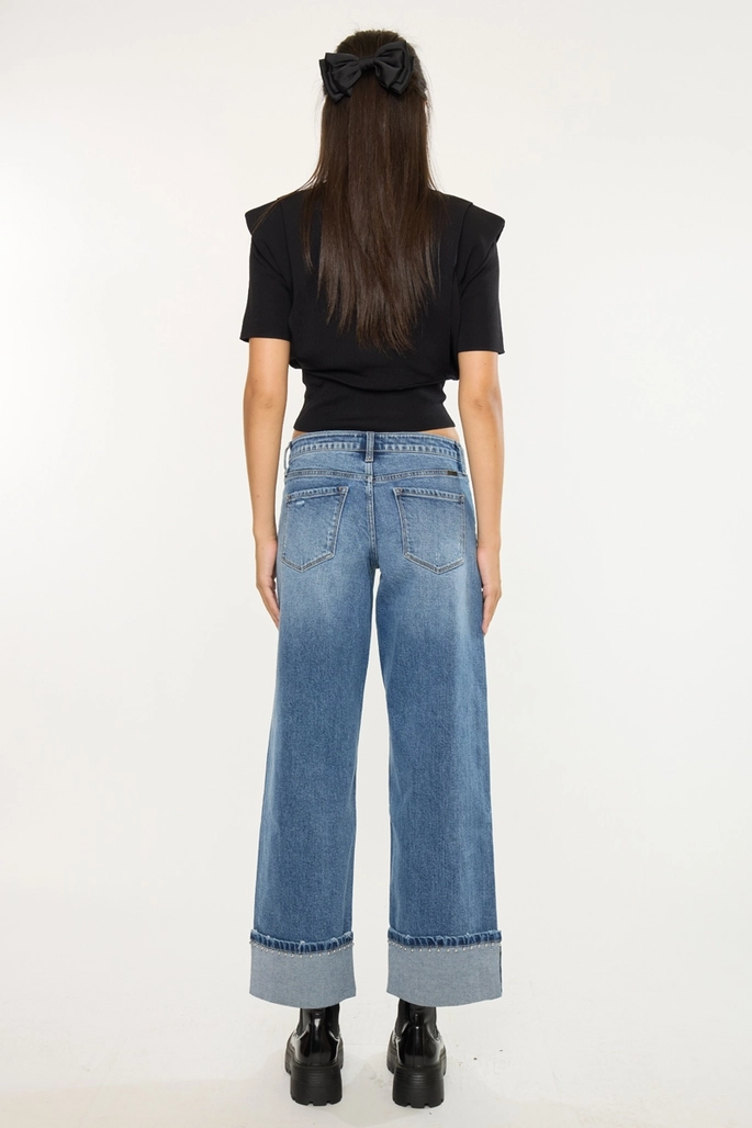 Mid Rise Studded Wide Leg Jeans