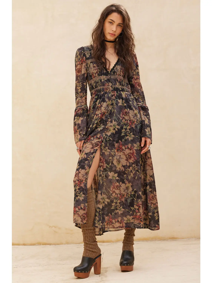 Floral Button-Front Smocked Bell-Sleeve Midi Dress