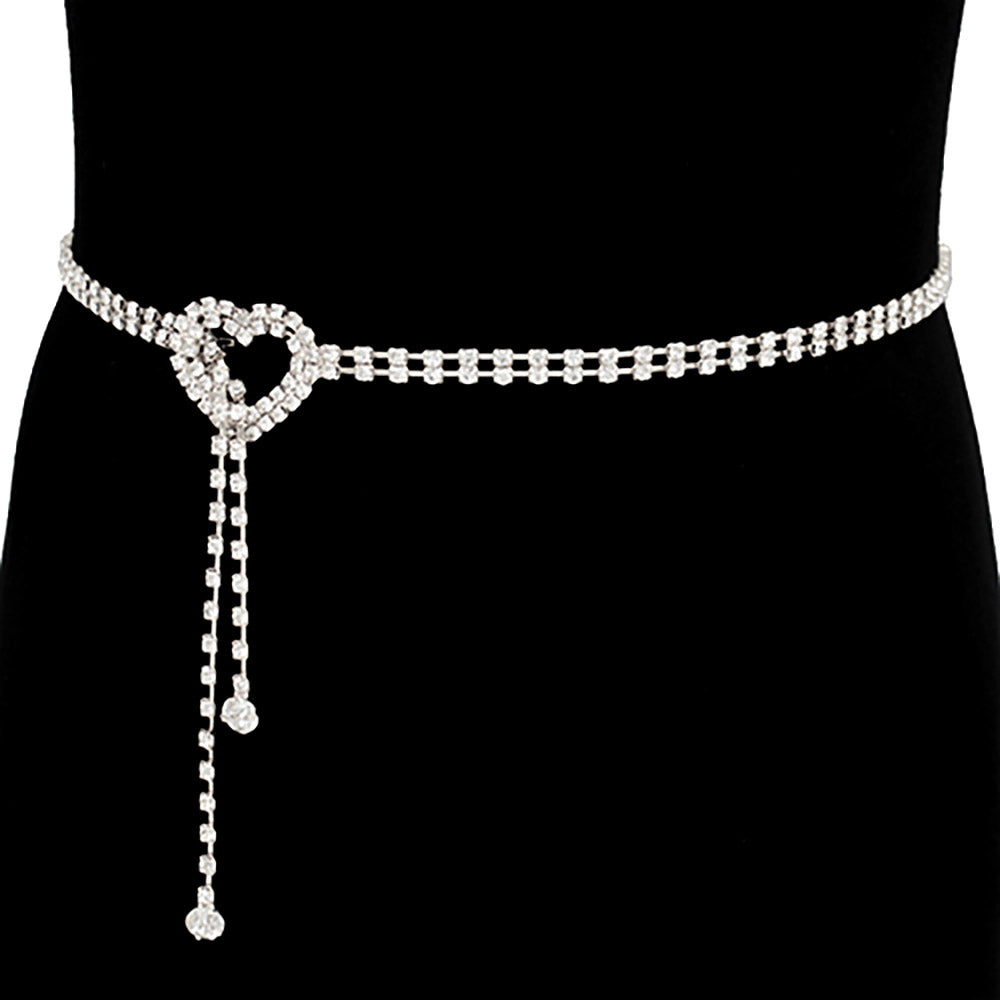 Heart Drop Accent Rhinestone Waist Chain Belt (Silver & Gold Options)