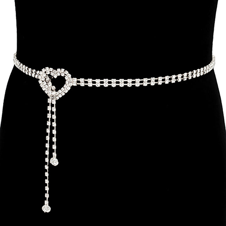Heart Drop Accent Rhinestone Waist Chain Belt (Silver & Gold Options)