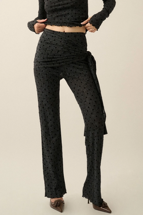 Polka Dot Mesh Tie Waist Fitted Flare Pants