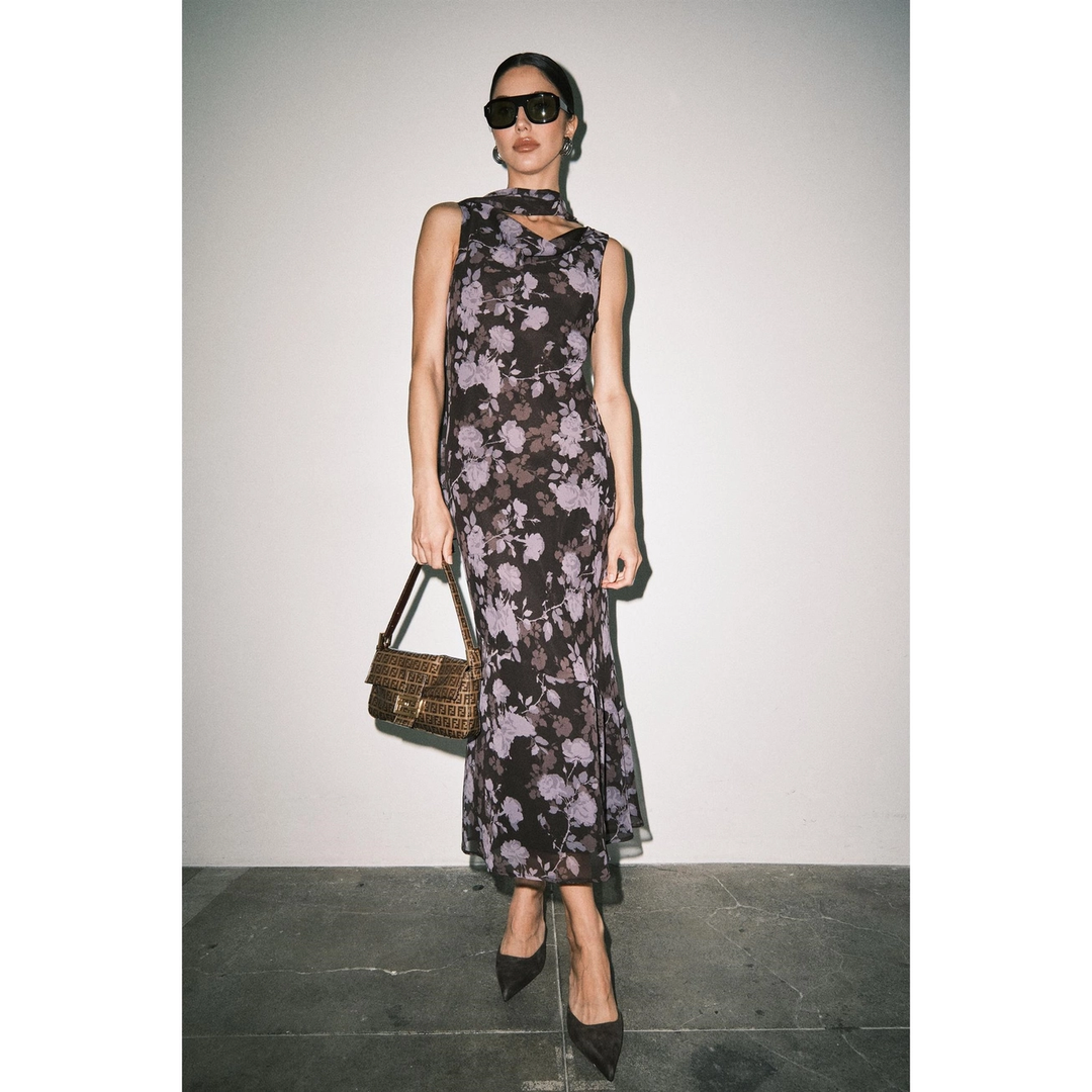 Noelle Sheer Chiffon Floral Cowl Neck Sleeveless Maxi Dress