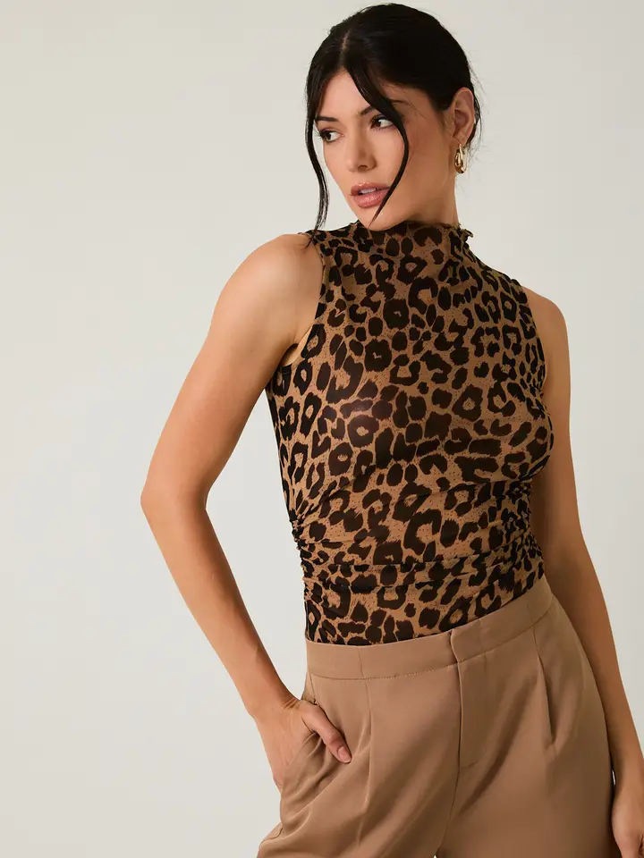 Mock Neck Animal Print Mesh Top