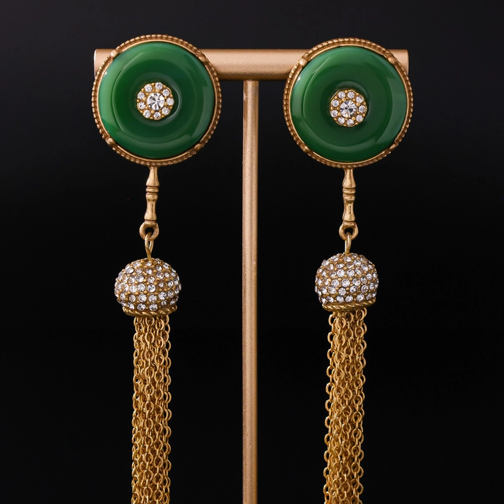 Vintage Green Stone Tassel Drop Earrings