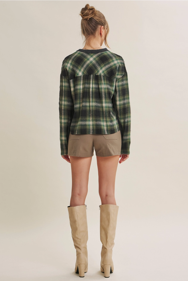 Woodland Plaid Back Mixed Media Cable Knit Sweater Top