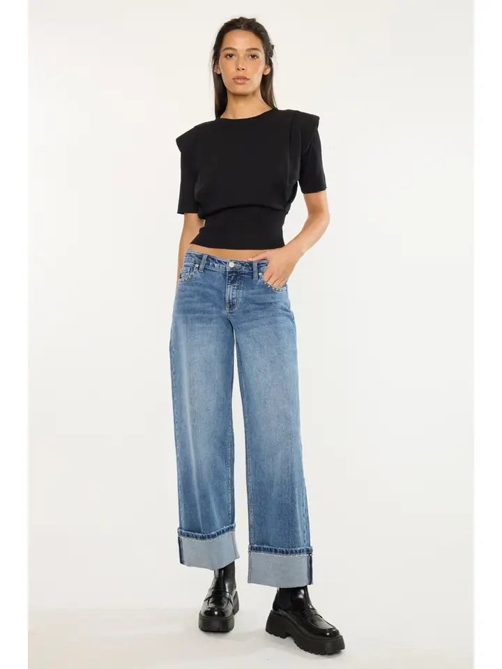 Mid Rise Studded Wide Leg Jeans