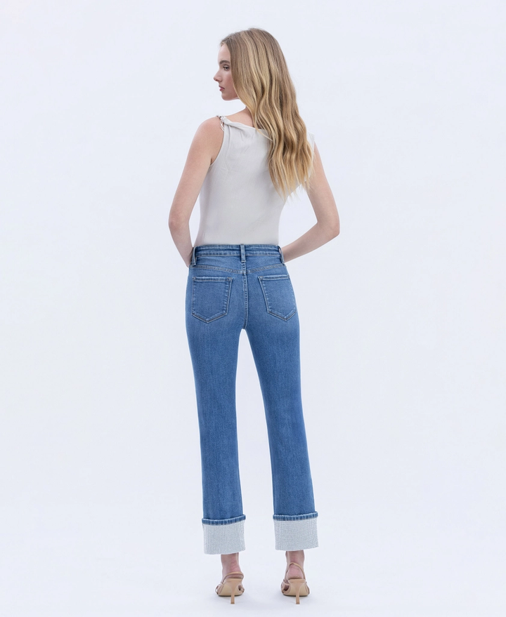 High Rise Rhinestone Cuffed Slim Straight Jeans