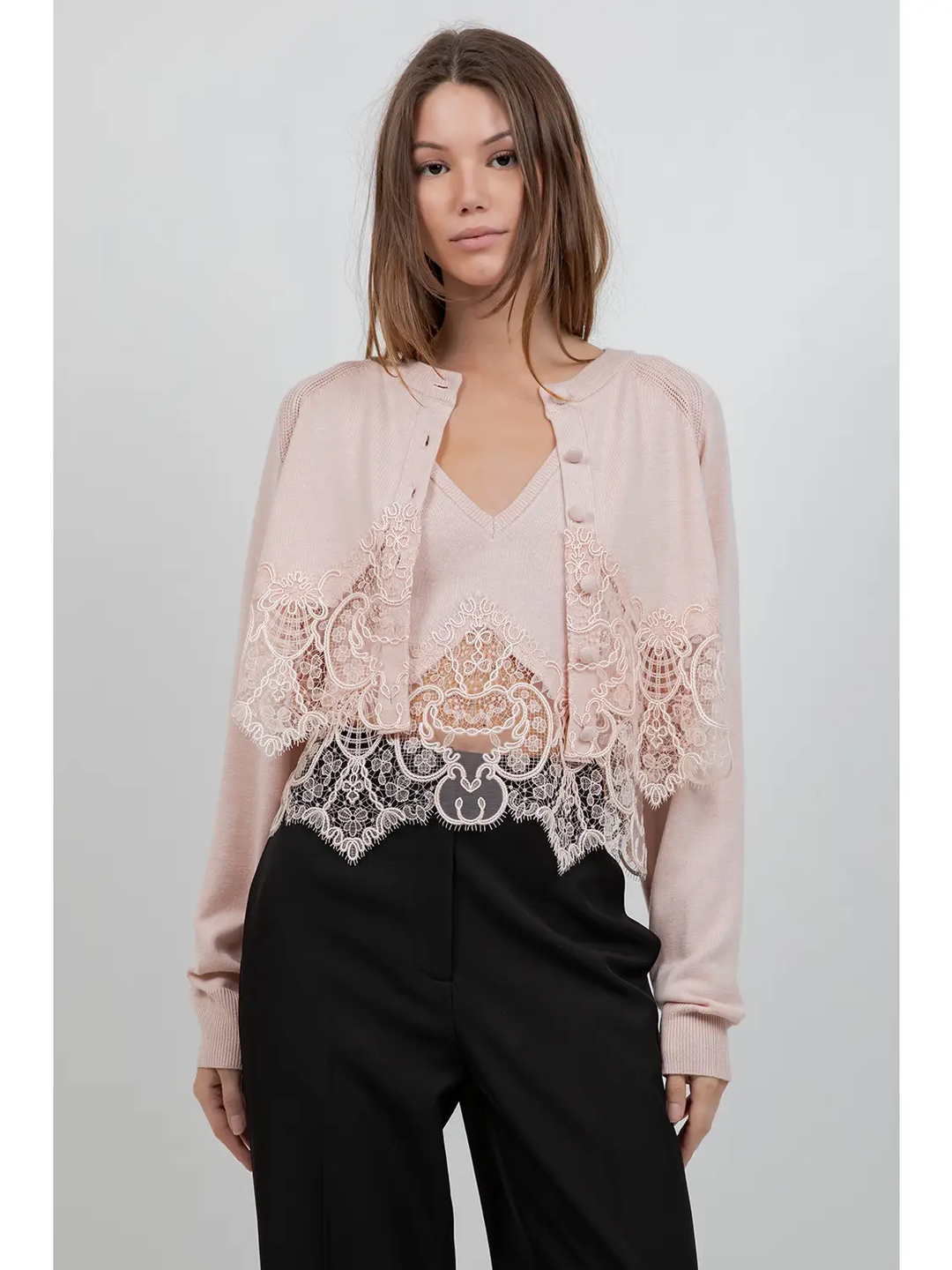 Knitted Sweater Cardigan with Lace Edge Detailing