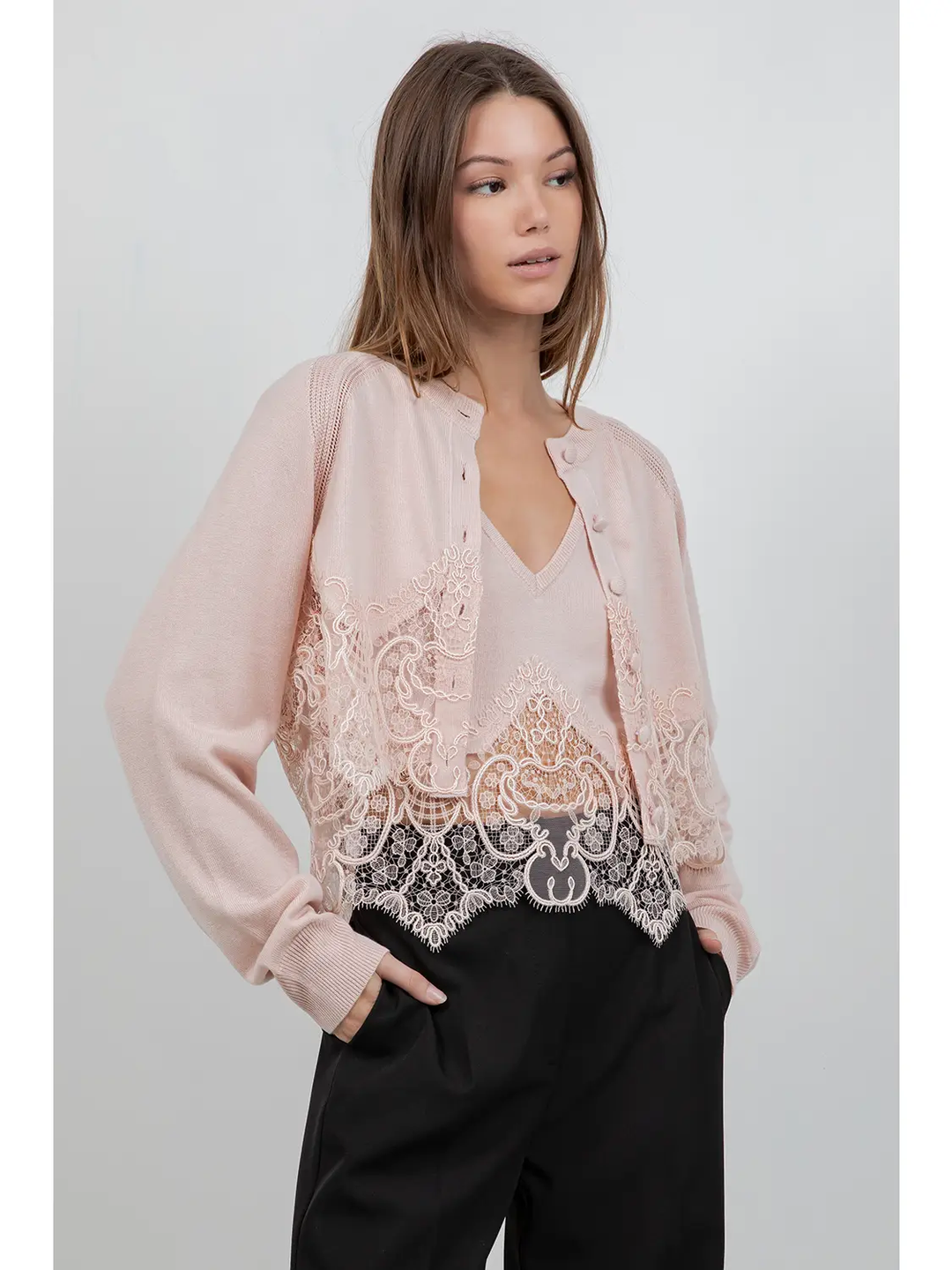Knitted Sweater Cardigan with Lace Edge Detailing