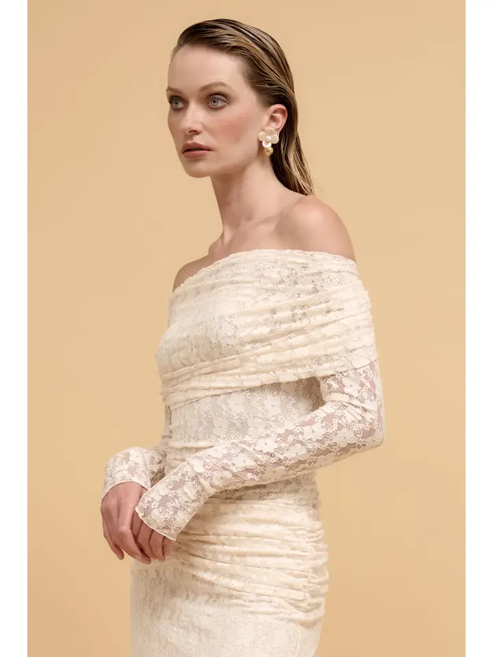 Studded Floral Lace Off Shoulder Foldover Top