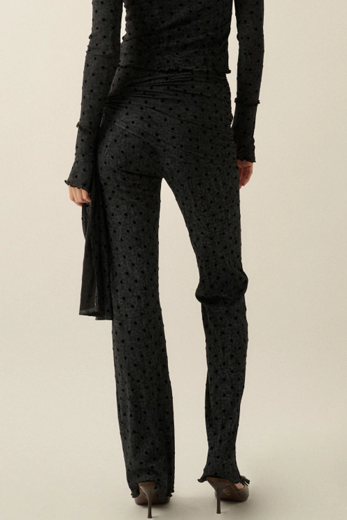 Polka Dot Mesh Tie Waist Fitted Flare Pants