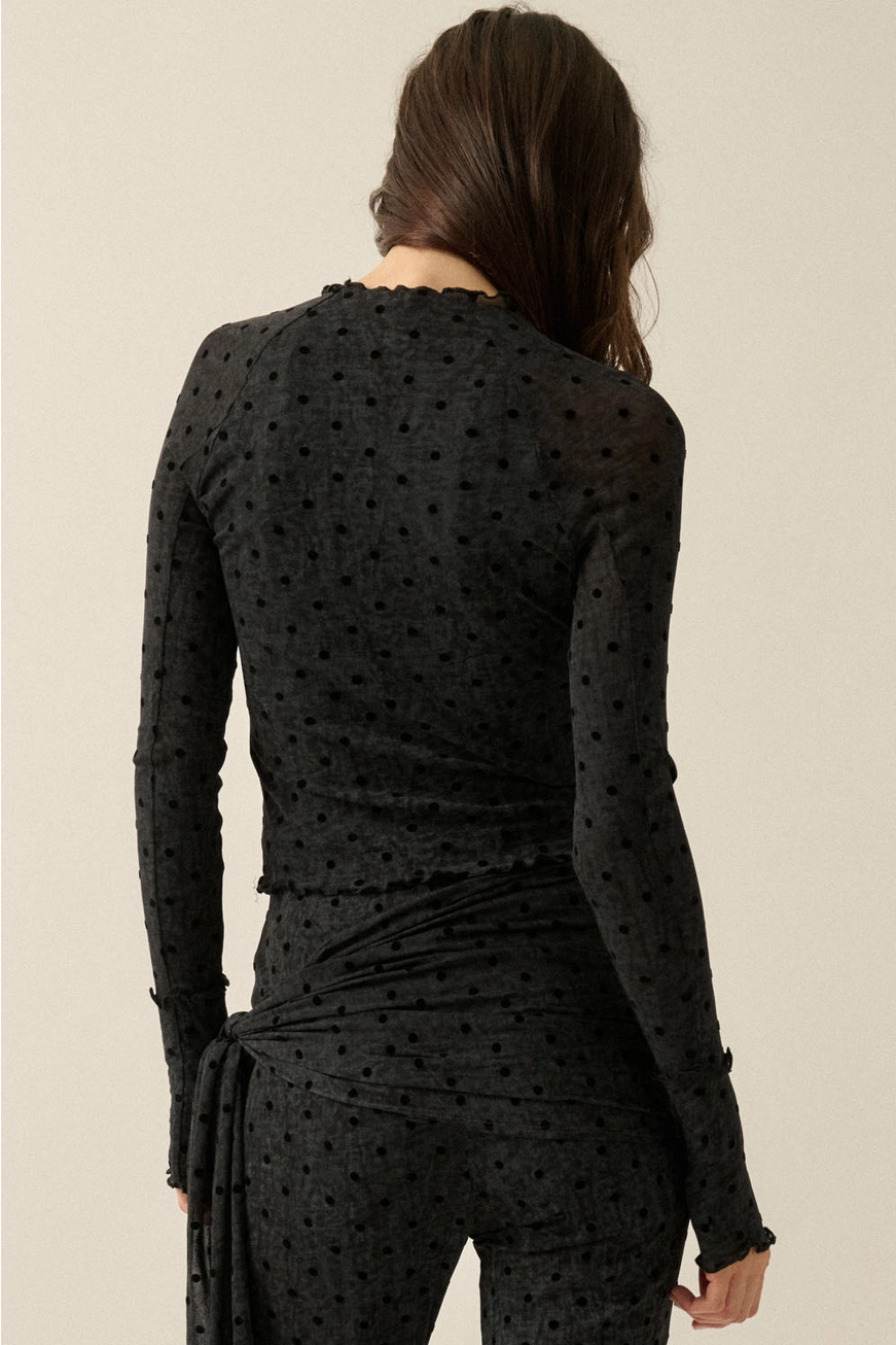 Flocked Polka Dot Burnout Mesh Thumbhole Top