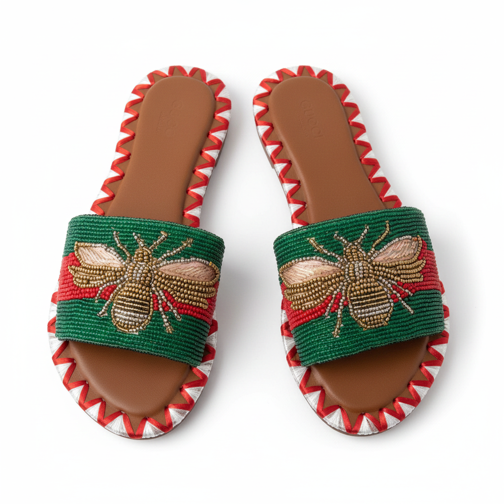 Handcrafted Beaded Queen Bumble Bee Sandals- Red & Green