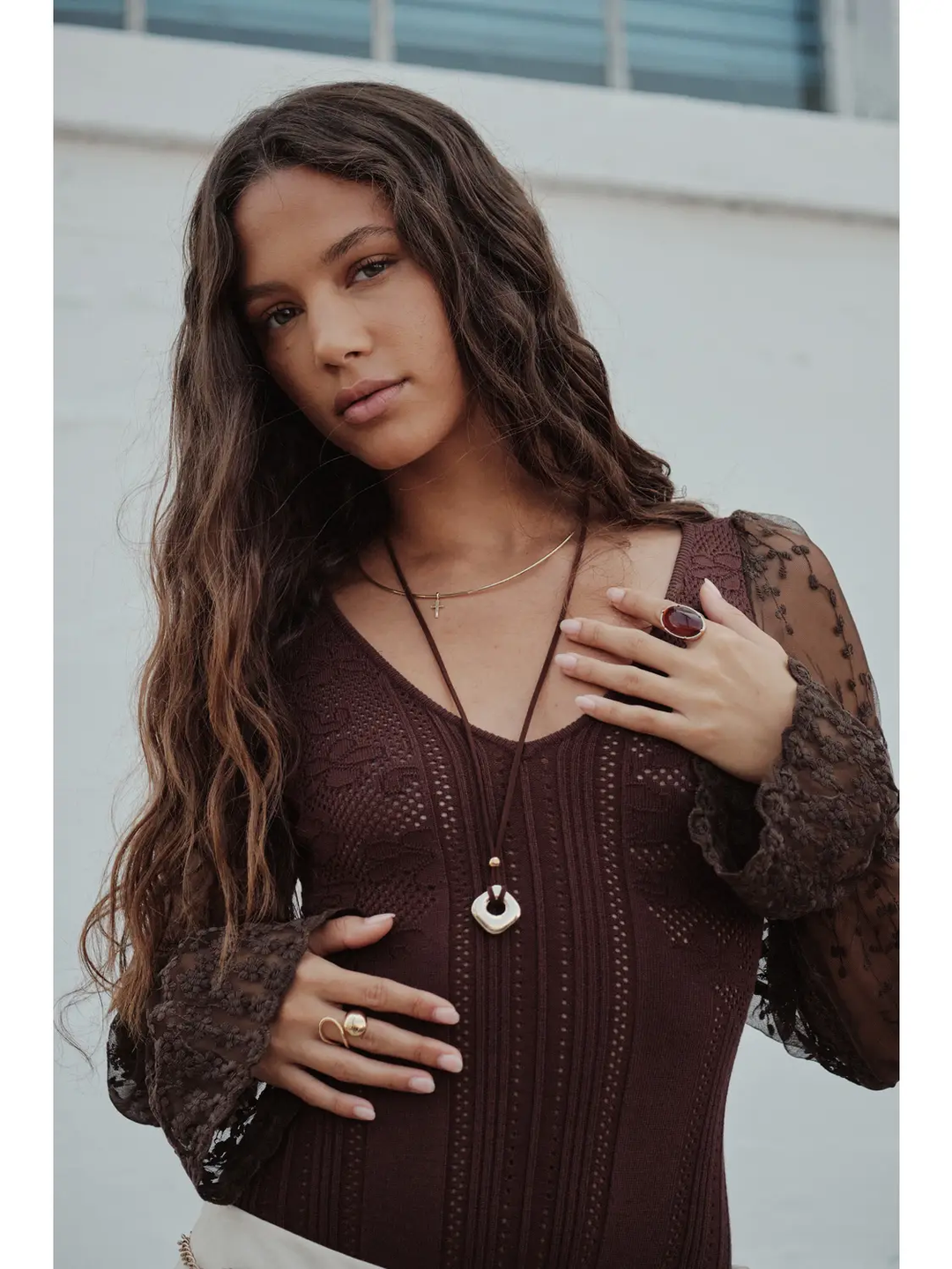Floral and Ribbed Knit Lace Bodysuit