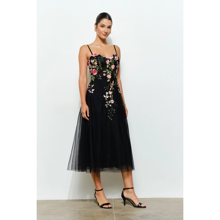 Floral Embroidered Sweetheart Tulle Midi Dress