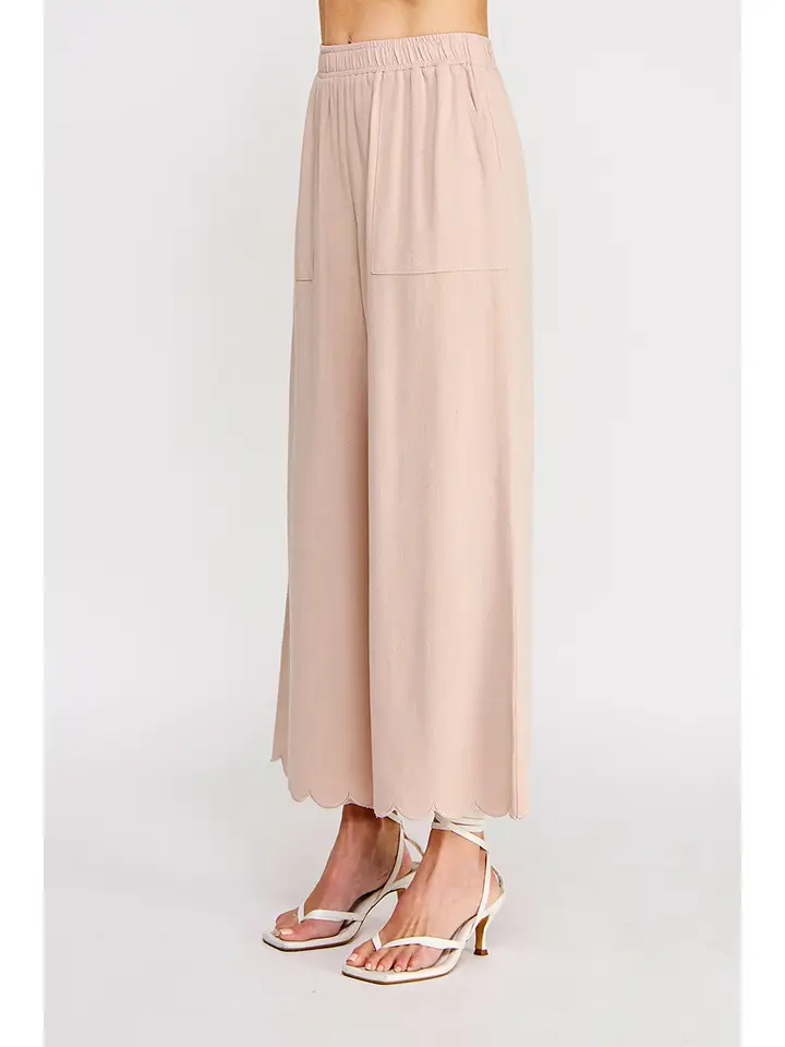 Soft Linen Blend Scallop Hem Elastic Waist Pant