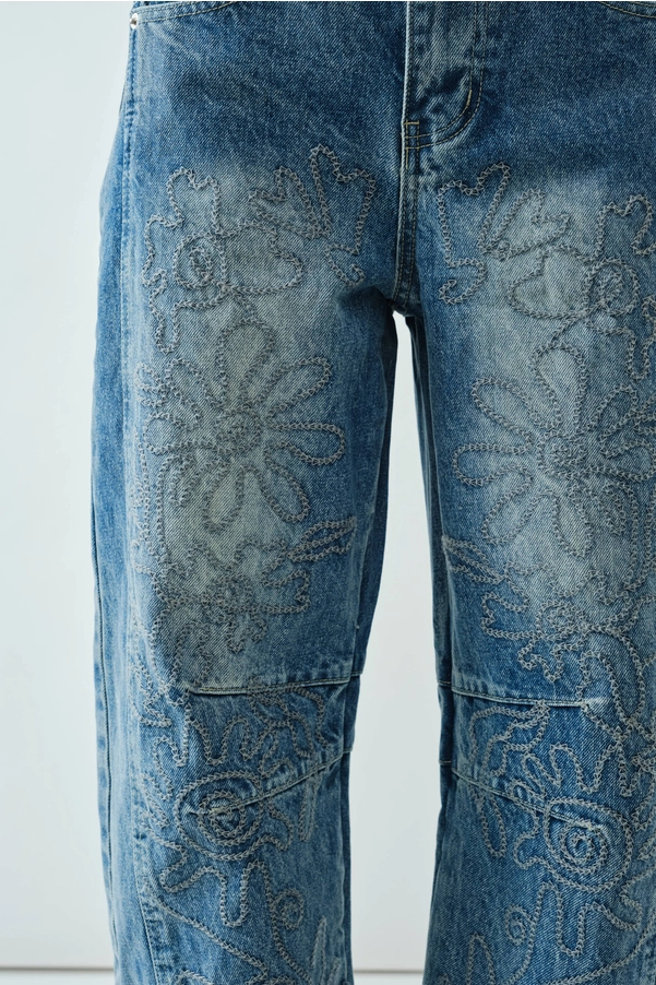 Embroidered Detail Cotton Barrel Pants