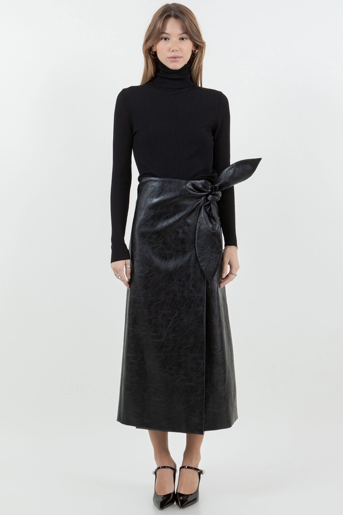 Ankle Length Midi Pu Wrap Skirt with Tie Closure
