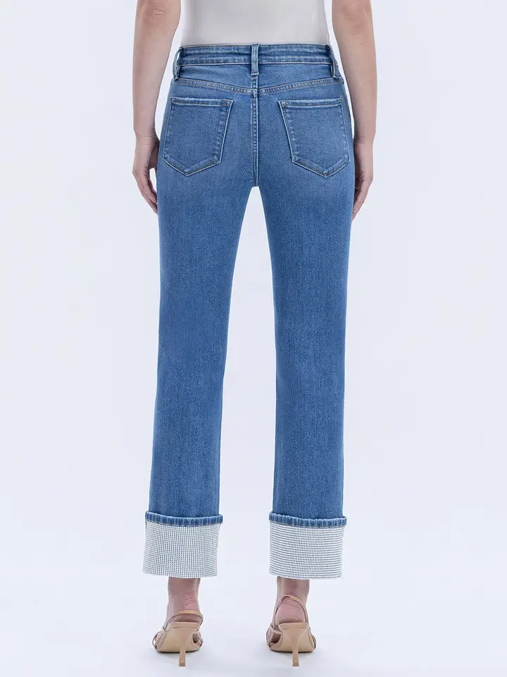 High Rise Rhinestone Cuffed Slim Straight Jeans