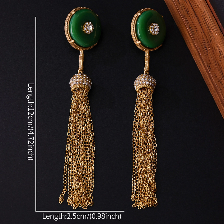 Vintage Green Stone Tassel Drop Earrings