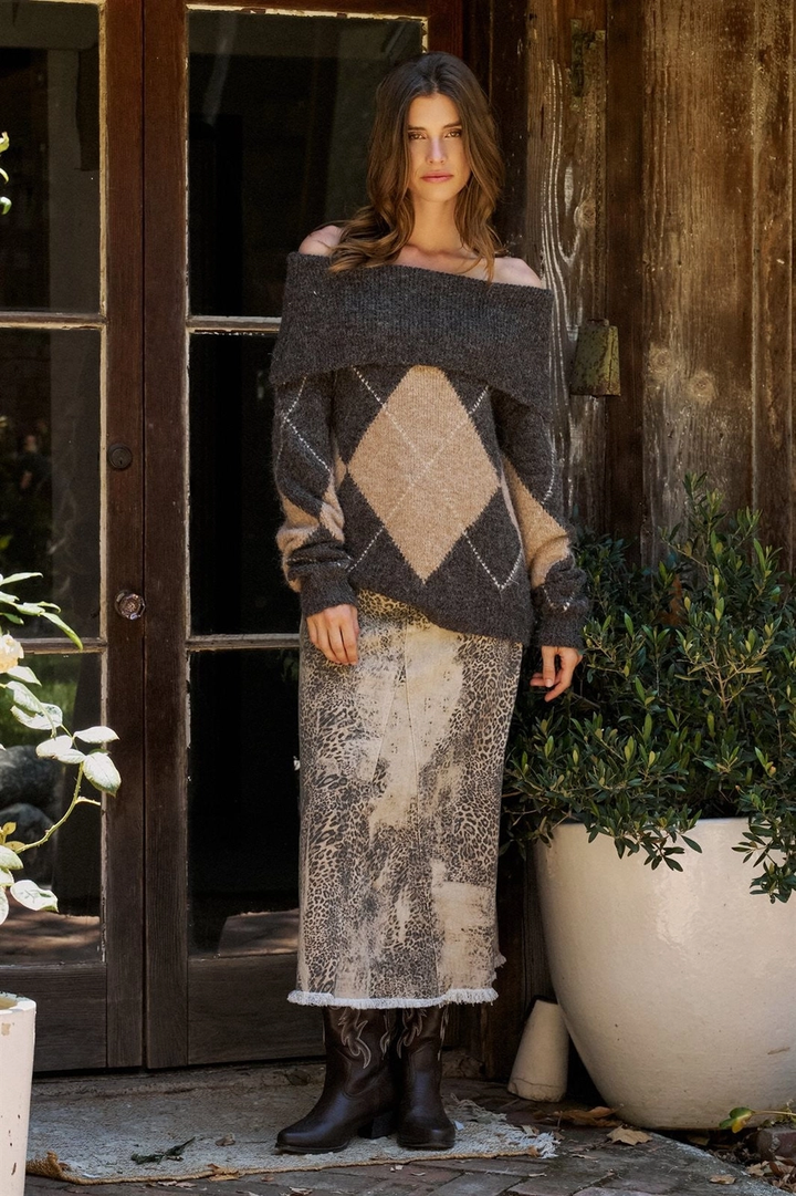 Argyle Knit Sweater with Convertible Cowl Neck