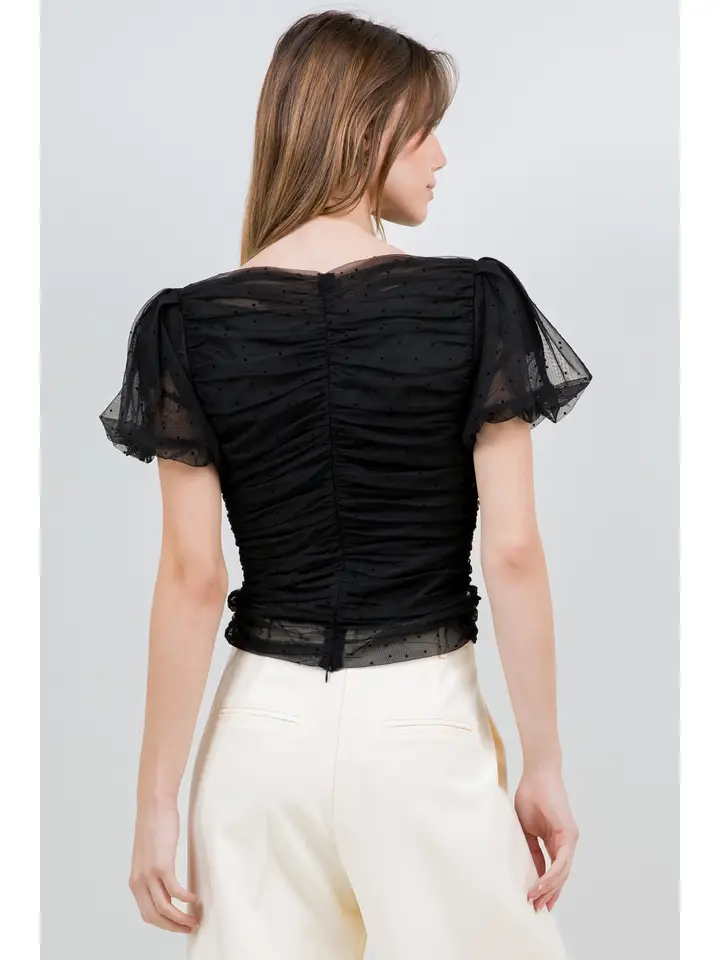 Mesh Polka Dot Shirring Top with Shoulder Padding