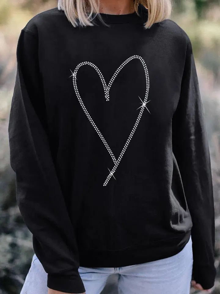 Black Rhinestone Heart Pattern Sweatshirt