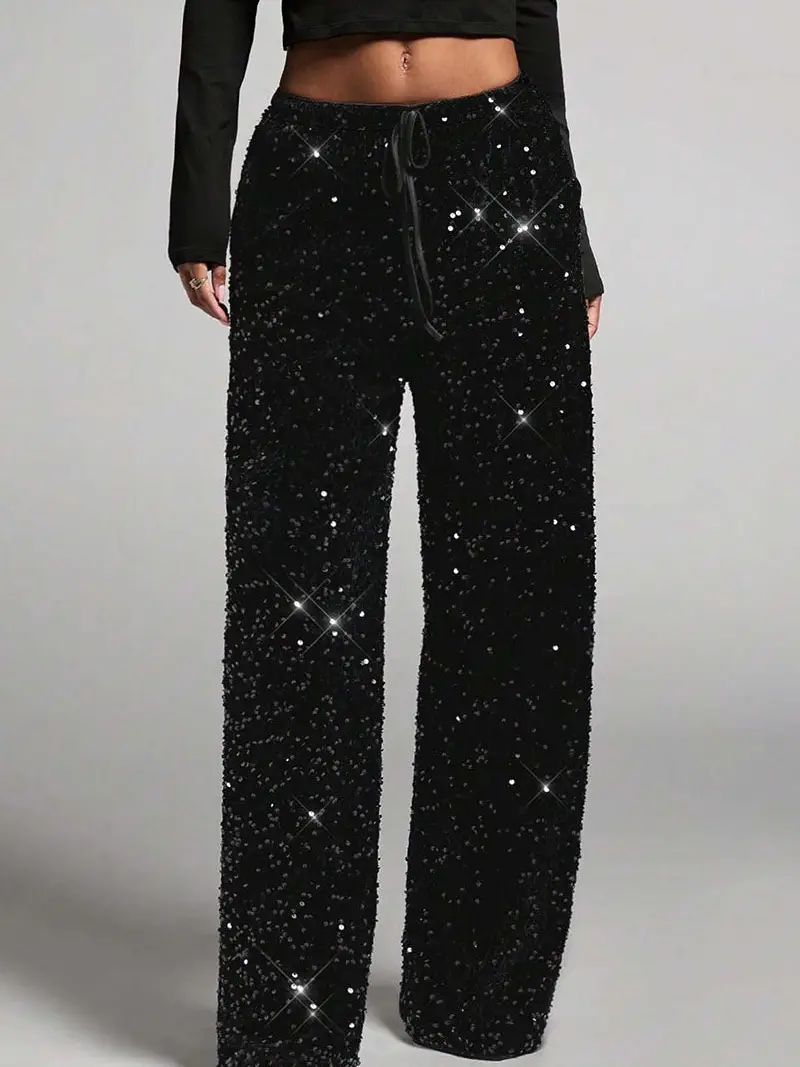 Sequin Drawstring Wide Leg Pants