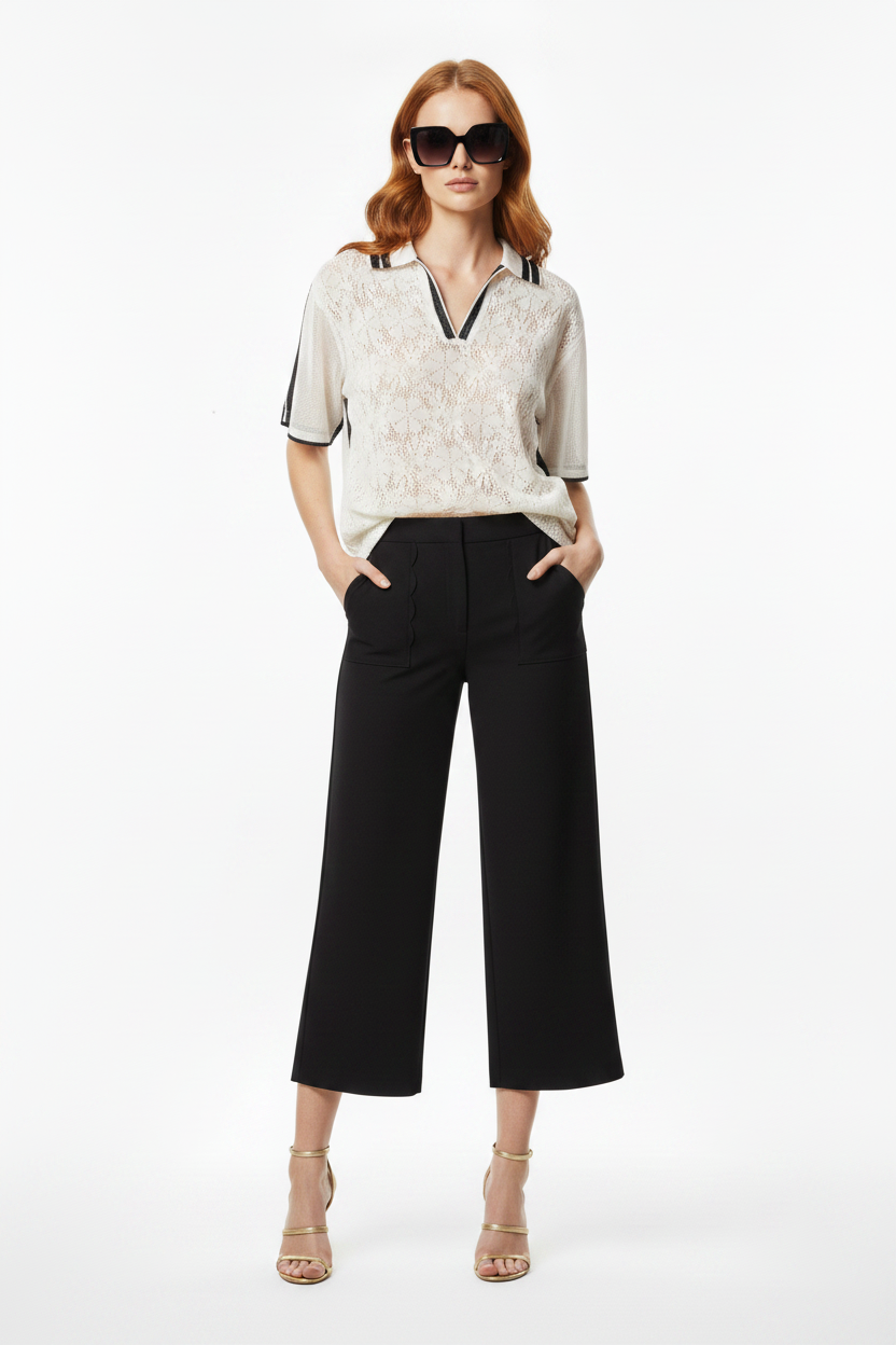 Redhead model, front pose, black trousers