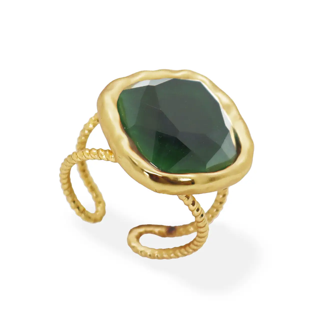 Bezel Iridescent Glass Ring - 24K Gold Plated