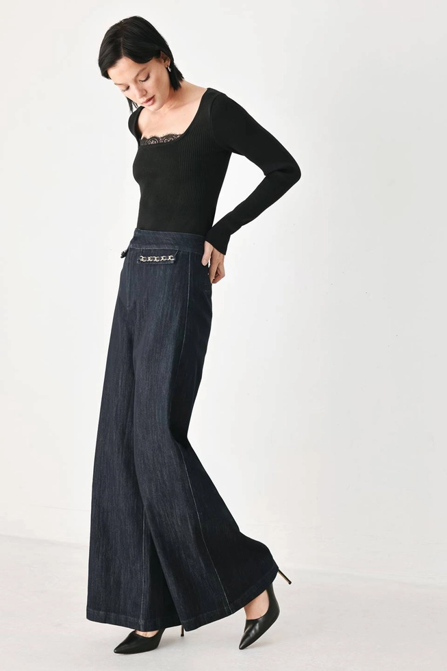 Denim Wide Leg Pant with Chain Trim on Pockets