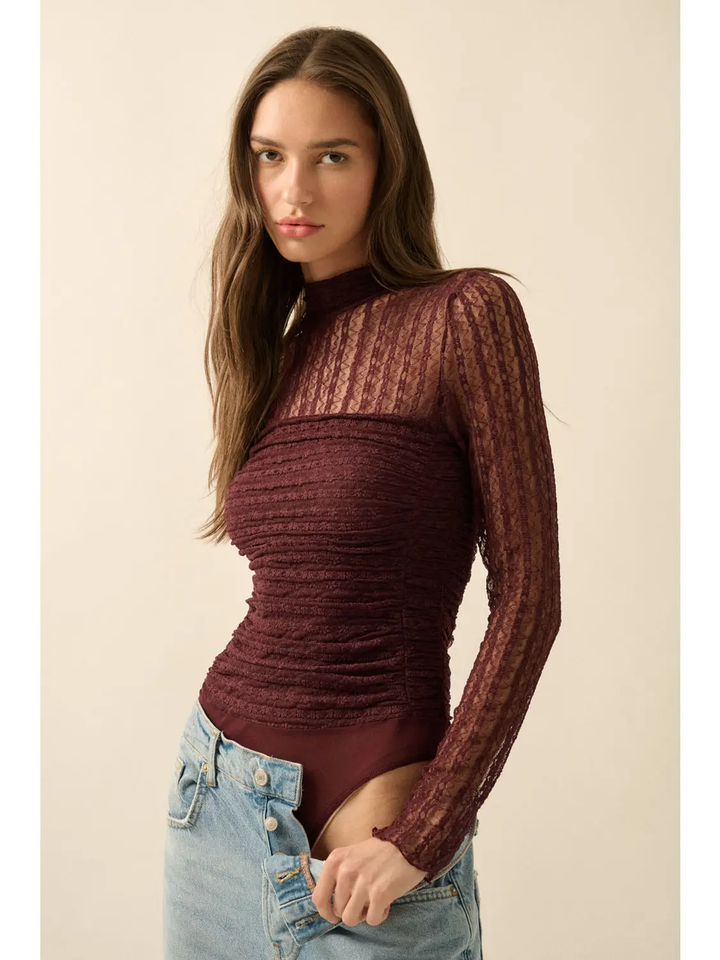 Striped Floral Lace Ruched Bodysuit ( Available in Baked Plum))