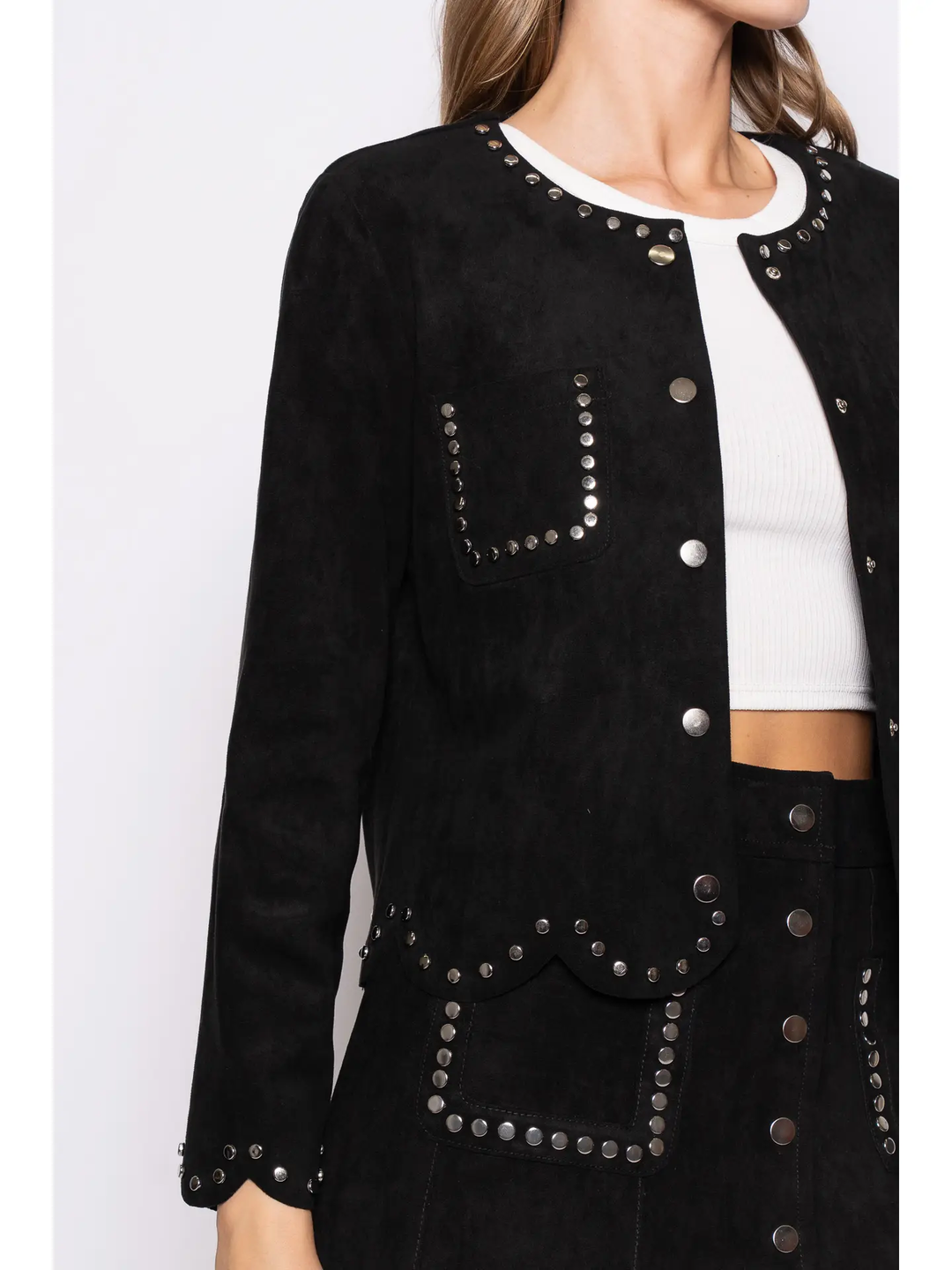 Scallop Chic Metal Stud Round Neck Button Jacket