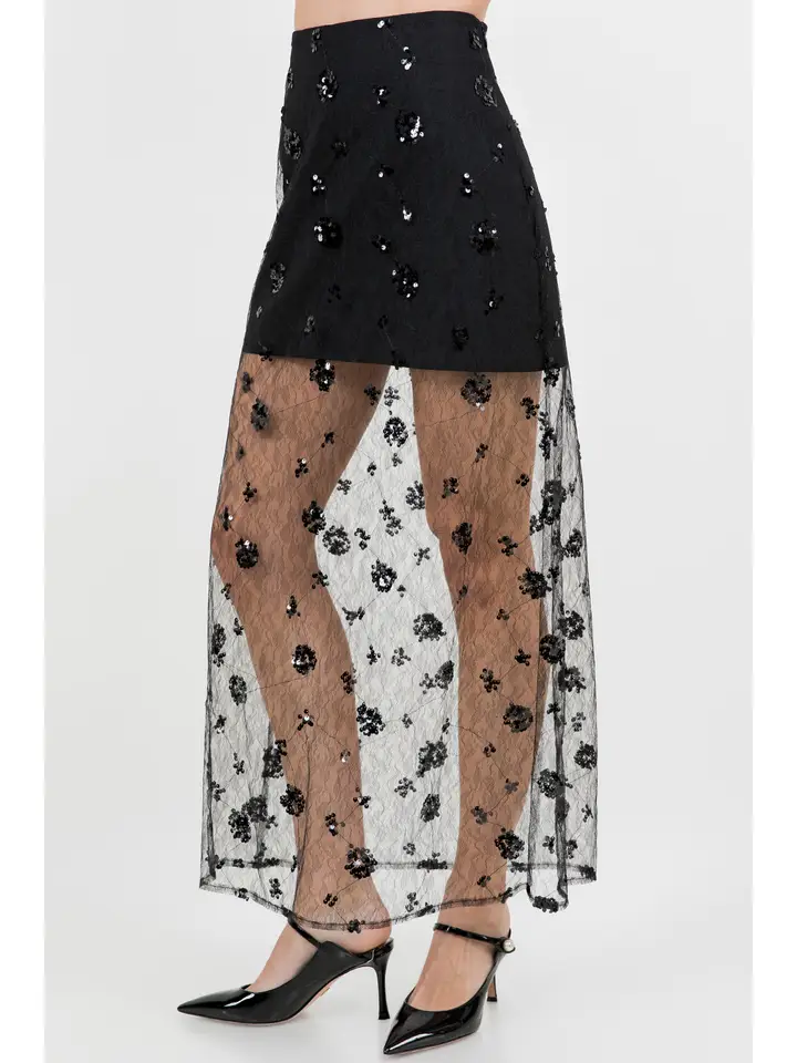 Semi Sheer Sequined Lace Midi Skirt