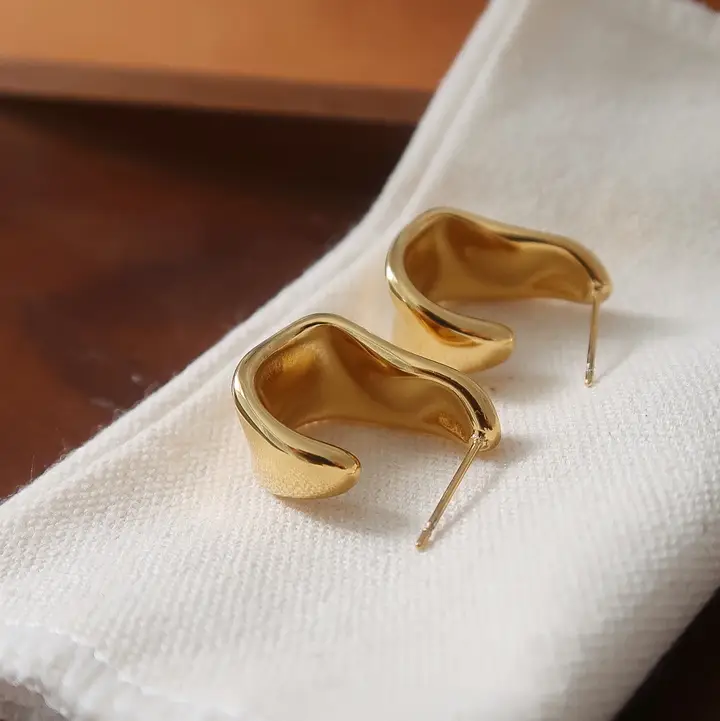 Ninelle 18K Gold Non Tarnish Sculpted Wave Hoop Earrings