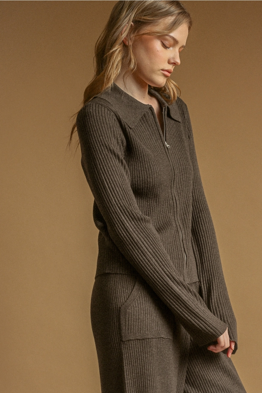 Zip Up Ribbed Knit Top