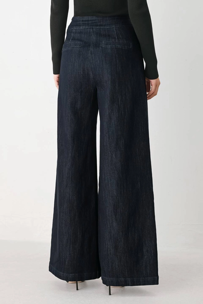 Denim Wide Leg Pant with Chain Trim on Pockets
