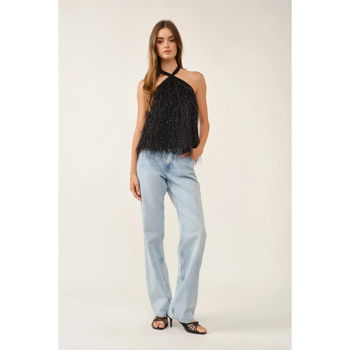 Crisscross Halter Neck Feather Fringe Top